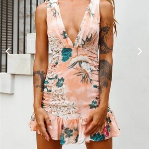 Come Alive String Detail Deep V-Neck Dress Botanic Print Orange